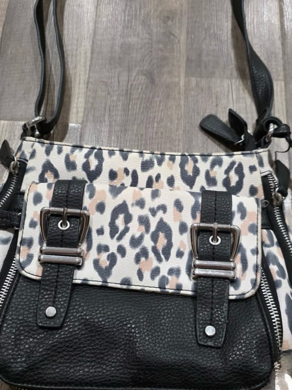 Jessica Simpson Black and Leopard Print Crossbody Flap Bag